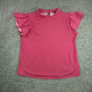 Adrianna Papell Womens Pink White Polka Dot Mock Neck Flutter Sleeve Top Size L